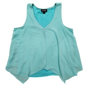 A. Byer Women Teal V-Neck Double Layer Split Front Back Tank Top Size M